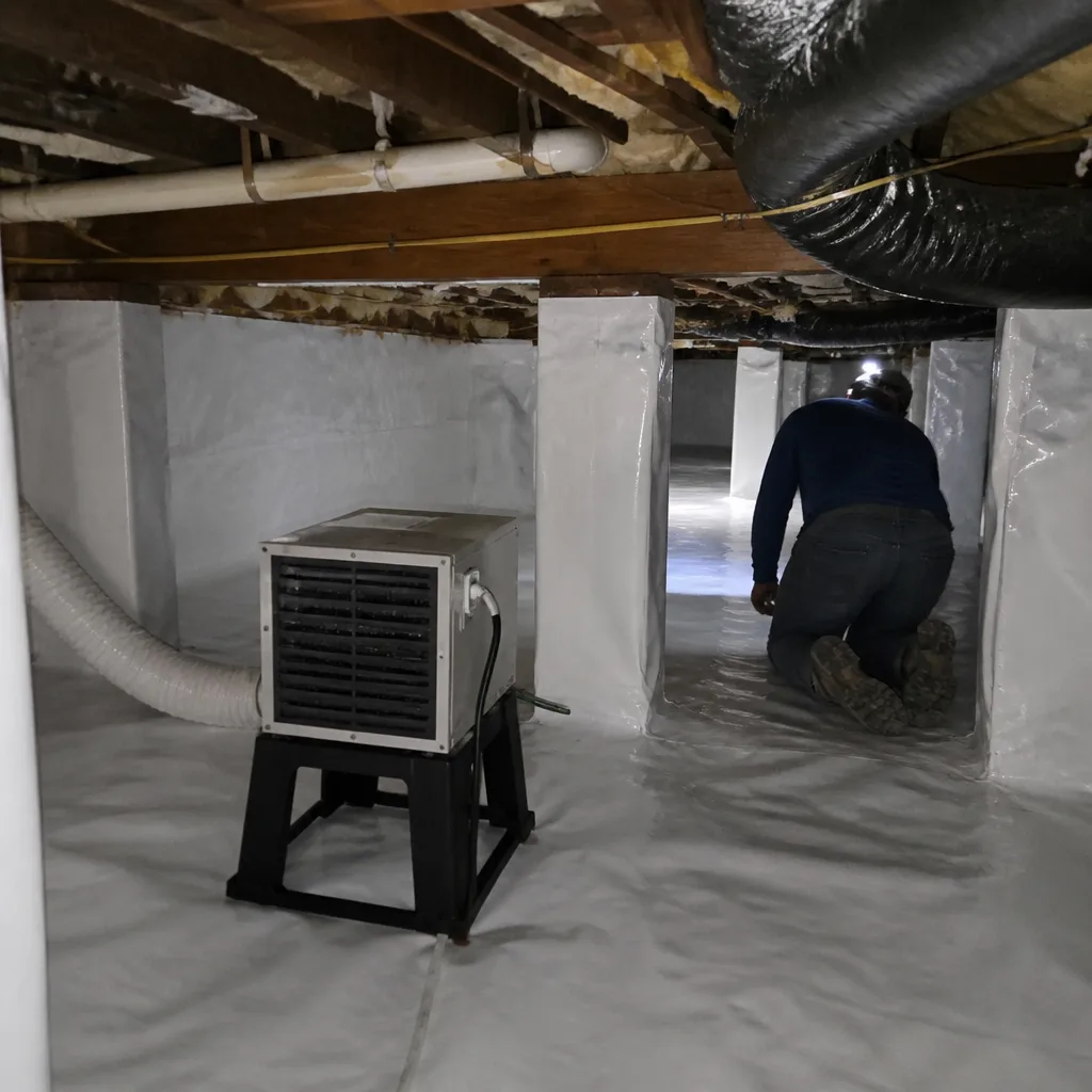 Technician performing crawl space encapsulation and vapor barrier installation.