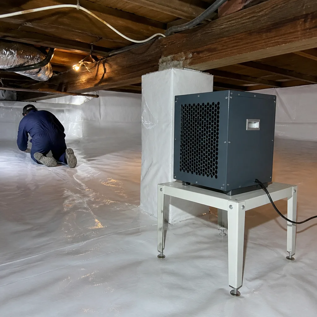 Technician installing crawl space vapor barrier and dehumidifier system