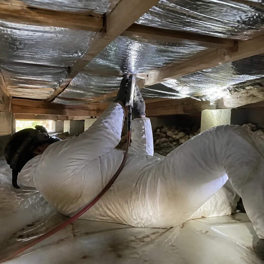 Technician performing professional crawl space encapsulation and vapor barrier installation