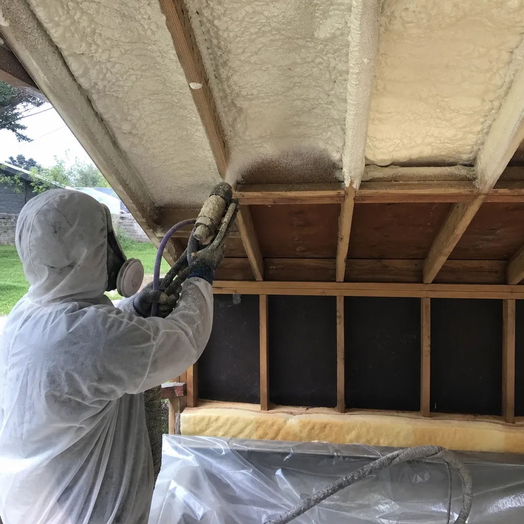 Professional contractor applying spray foam insulation to a roof structure